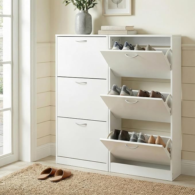 HOPUBUY Shoe Cabinet for Entryway, Narrow Shoe Storage with 3 Flip Drawers | Wood Slim Shoe Rack, 3 Tier Thin Shoe Organizer for Home and Apartment,White