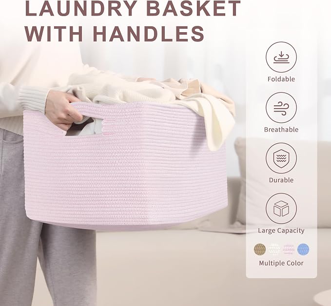 72L Large Woven Laundry Basket Hamper with Handles, Pink | collapsible wicker hamper, storage for dirty clothes, toys, blankets, gifts, living room, bedroom, bathroom, 22"x17"x12"