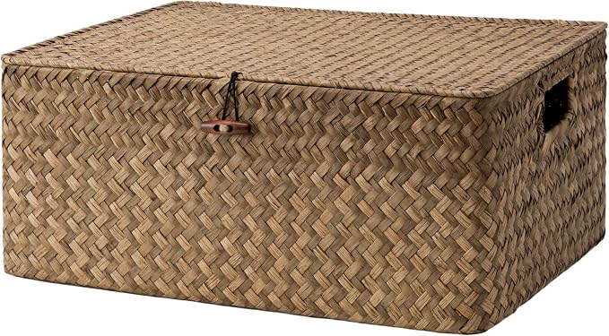 StorageWorks Extra Large Wicker Baskets, Seagrass Storage Baskets for Shelves, Decorative Box with Built-in Handles,Brown
