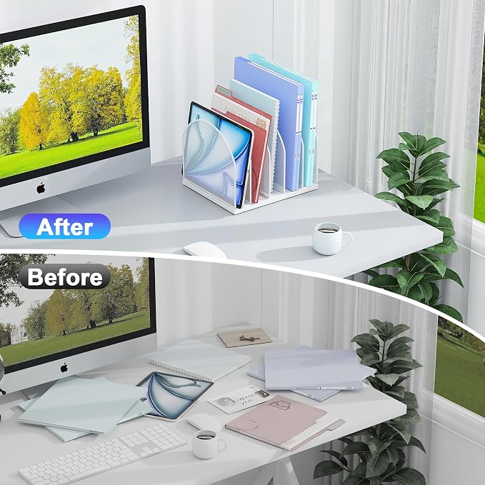 gianotter Desktop File Organizer, Desk Organizer with 5 Compartments, Paper Organizer for Desk, Workspace Organizers for Office Supplies (White, Upright Style)