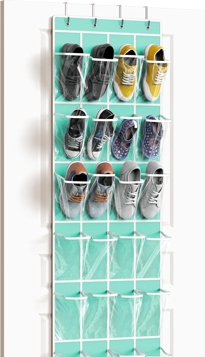 Simple Houseware 24 Pockets Clear Over the Door Shoe Organizer, Turquoise | 64" x 19", 4 Durable Metal Hooks, 4.3" x 9.5" Pocket Size, Multipurpose