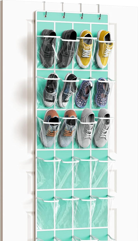Simple Houseware 24 Pockets Clear Over the Door Shoe Organizer, Turquoise | 64" x 19", 4 Durable Metal Hooks, 4.3" x 9.5" Pocket Size, Multipurpose