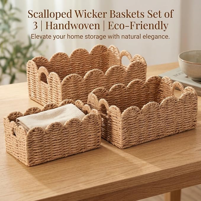 Scalloped Wicker Baskets Set of 3, Hand-Woven Storage with Handles | set of 3 tan scalloped baskets with handles. Hand-woven paper rope for shelves, bathroom or closet. Stackable, sturdy.