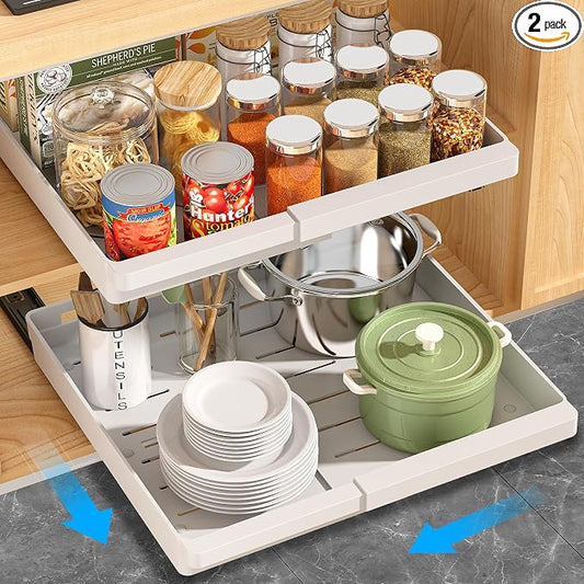 DOMNIU Pull Out Cabinet Organizers Expandable,White,20.8" Depth,2 Pack | Plastic Slide Out Drawers for Kitchen, Bathroom, Pantry, Under Sink Storage, Fixed with Adhesive Nano Film (13''-19'')