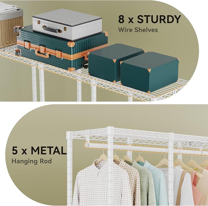 Higeego H5 Clothing Rack for Hanging Clothes, Heavy Duty Closet Rack, White | Large Garment Rack, 93.3"Wx15.7"Dx75.4"H, Freestanding Wardrobe Closet, with Adjustable Shelf, Load 1400 lbs