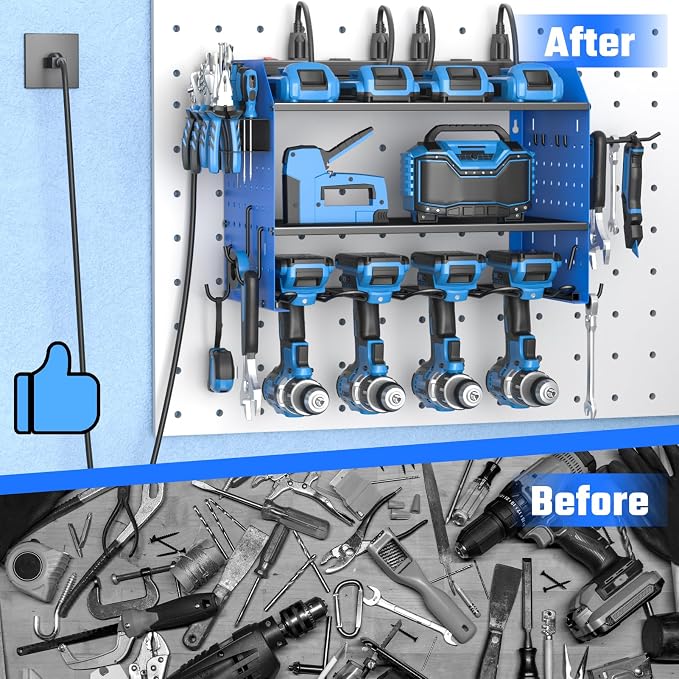 Power Tool Organizer Wall Mount 3 Layer Charging Station with 6 Outlets | Heavy Duty Tool Holder Storage Shelf Rack for Garage, Workbench and Workshop, Black, 4 Drill Holders and Drill Bit Rack, Blue