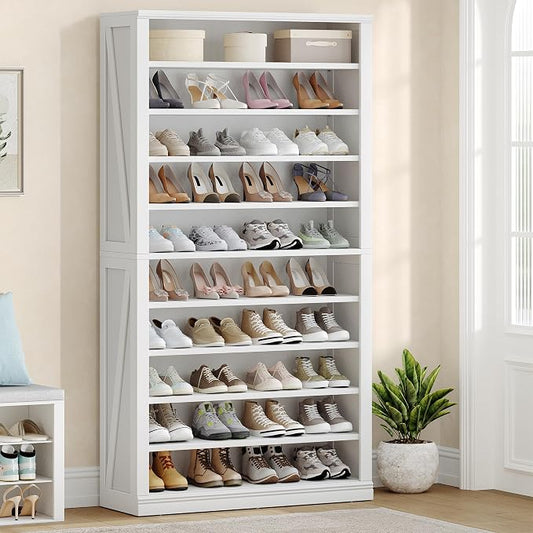 Hzuaneri Shoe Storage Cabinet,10 Tiers Farmhouse Tall Shoe Cubby Organizer | Freestanding Shoe Cabinets, Wooden Shoes Rack with Cubby, 36-40 Pairs, for Entryway, Living Room, White SR59203X