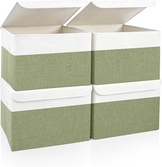 Bagnizer Large 22 Quart Linen Fabric Foldable Storage Bin Cube Organizer Basket with Flip-Top Lid & Handles, Clothes Blanket Box for Home, Office, Closet, Green & White, 4 Pack 14.6 x 9.5 x 9.5