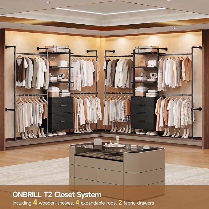 T3 Wall Mounted Industrial Pipe Closet Organizers Storage System | Metal Clothing Rack with 2 Drawers, 6 Wooden Shelves & 4 Expandable Rods, Heavy Duty Garment Rack, Wardrobe (Black)