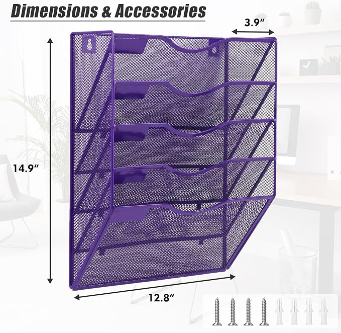EASEPRES 5 Pocket Mesh Hanging Wall File Organizer, Wall Mounted Mail Paper Document Folder Holder, Clipboard Storage Organization Magazine Rack with Nametag Label for Office Home School, Purple
