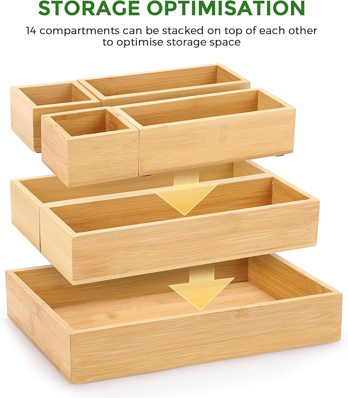 MapleGrace Bamboo Drawer Organizer Set, 14 PCS Wood Storage Organizers | Multi-Use Junk Drawer Divider, Storage Trays Containers for Kitchen, Bathroom, Office Desk, Makeup, Jewelry, Utensils