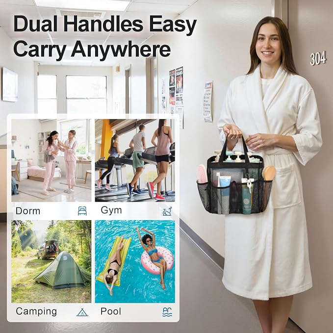 Mesh Shower Caddy Portable - 2 Packs, S-Hook, Shower Bag for Dorm Camping | 8 Pockets, 2-Handle, Quick-Dry, Hanging College Dorm Room Essentials for Girls, Gym, Travel & Bathroom, Black & Mint Green