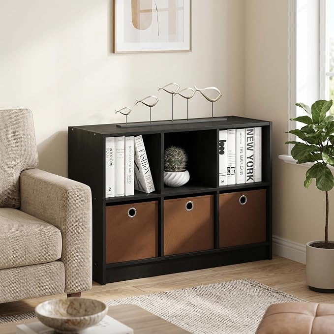 6-Cube Bookshelf with Storage Bins, Cube Bookcase, Book Shelf with Storage Bins, 11.9 x 31.6 x 23.6, for Organization and Storage, Home Office, Living Room, Americano