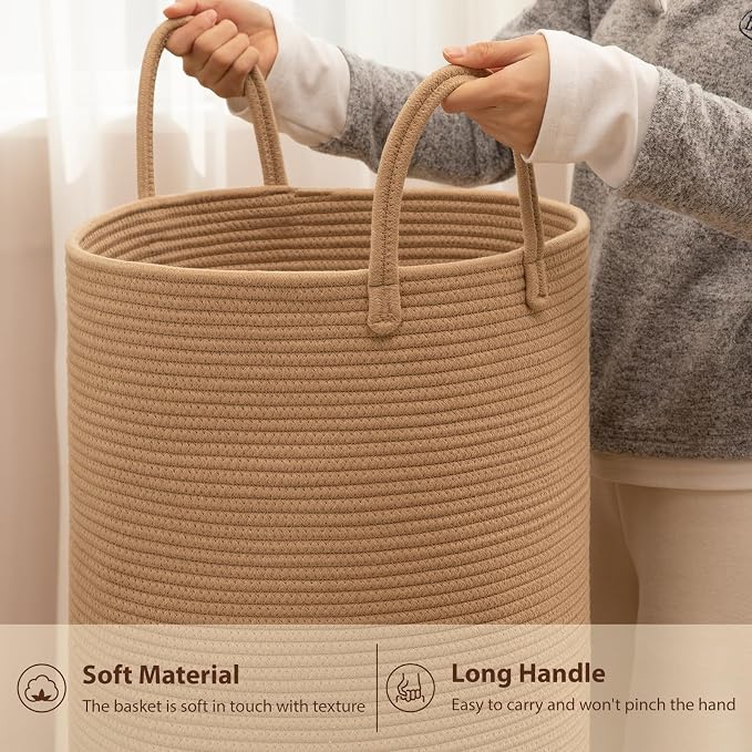 OIAHOMY Large Laundry Basket Hamper - 60L Cotton Rope Woven Basket for Blankets, Toys, Clothes - Tall Decorative Nursery Hamper with Long Handles, Yellow