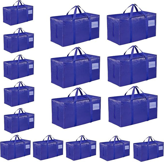 16 Pack-Extra Large Heavy Duty Moving Bags - Waterproof Storage Totes with Handles & Zippers, Foldable for College Dorm, Storage (Blue)