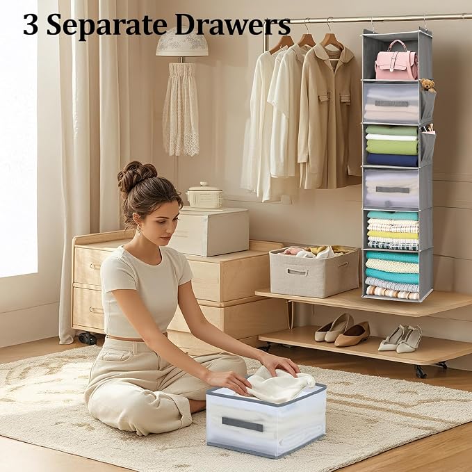 6-Shelf Hanging Closet Organizer with 3 Drawers & Side Pockets, Gray | Non-woven fabric, tool-free setup, ideal for bedrooms/dorms/RVs, 3 foldable transparent drawers for easy access