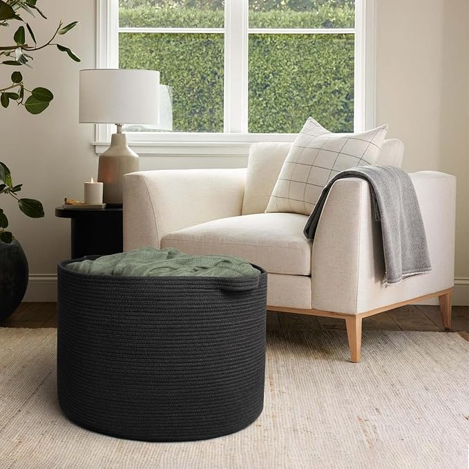 115L Super Large Black Blanket Basket, 23.6"x15.7" Woven Rope Bin for Storage, Oversized Kids Dog Toy Storage Box Bins, XXXL Blanket Holder for Living Room, Jumbo Wicker Basket for Organizing
