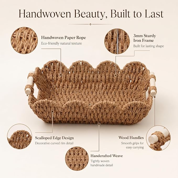 Coeusy 2 Pack Gift Basket, Cute Scalloped Basket with Handles, Decorative Basket for Display,Snack,Shelves, Natural