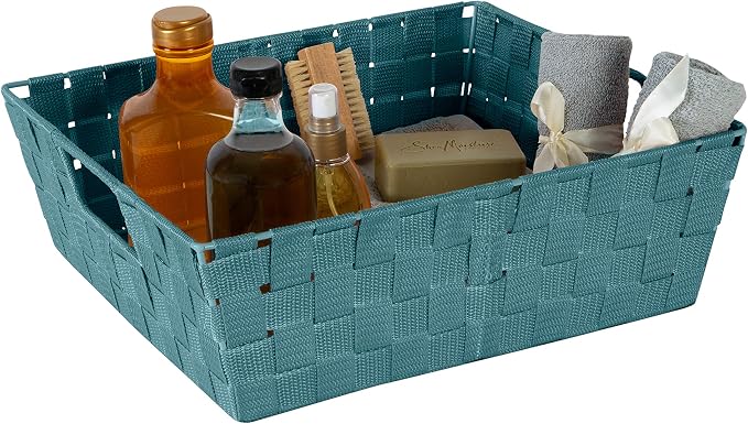 Simplify Large Shelf Woven Strap Tote | Decorative Storage Basket | Built in Handles | Organization | Closet | Bedroom | Bathroom | Nursery | Accessories | Toys | Gifts | 1 Pack | Sapphire