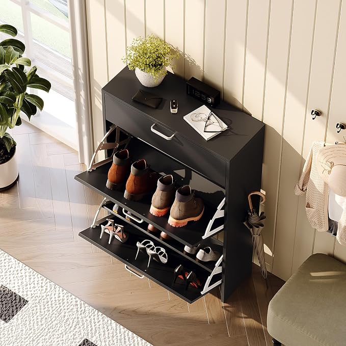VINGLI Shoe Cabinet Storage for Entryway,Black Small Narrow Shoe Rack,25" W | 8–12 Pairs,Skirting Board Cutout,Drop-Down Drawer,9.4"D Slim,Modern Black,2 Flip Drawers,Adjustable & Removable Shelf