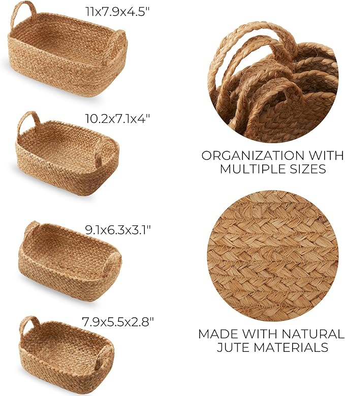 Beautiful Storage Basket Set of 4 - Natural Jute Rope Baskets for Shelves Are Perfect for Organizing Your Home - Quality Storage Bins Easily Fit With Any Nursery or Bedroom Decor