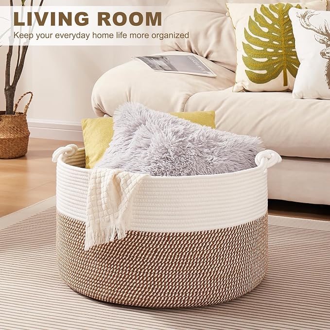 OIASKET Large Blanket Storage Basket for Living Room, 22.8" x 22.8" x 13" Woven Cotton Rope Basket with Handles, Baby Toy Storage, Laundry Hamper for Clothes, Pillows, Towels-Yellow and White