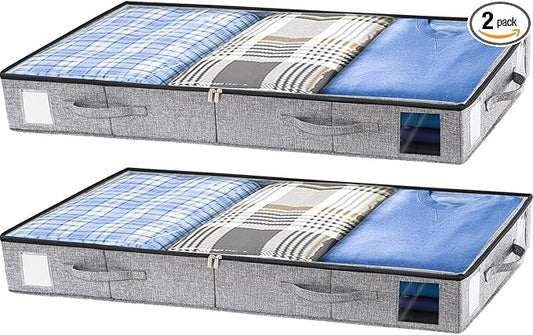 combocube 2 Pack Under Bed Storage Containers, 4.5" Low Profile Underbed Storage Bins with Sturdy Support, Stackable Space Saving Organizer with 4 Handles & Label Windows for Shoes Clothes Blankets
