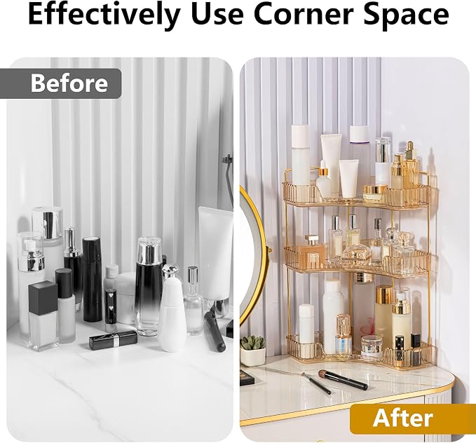 YCIA&DONE Corner Bathroom Counter Organizer, Makeup Organizer for Vanity, Skincare Cosmetic Perfume Tray, Corner Countertop Shelf Rack Storage for Bathroom Kitchen 3 Tiers (Amber Gold)