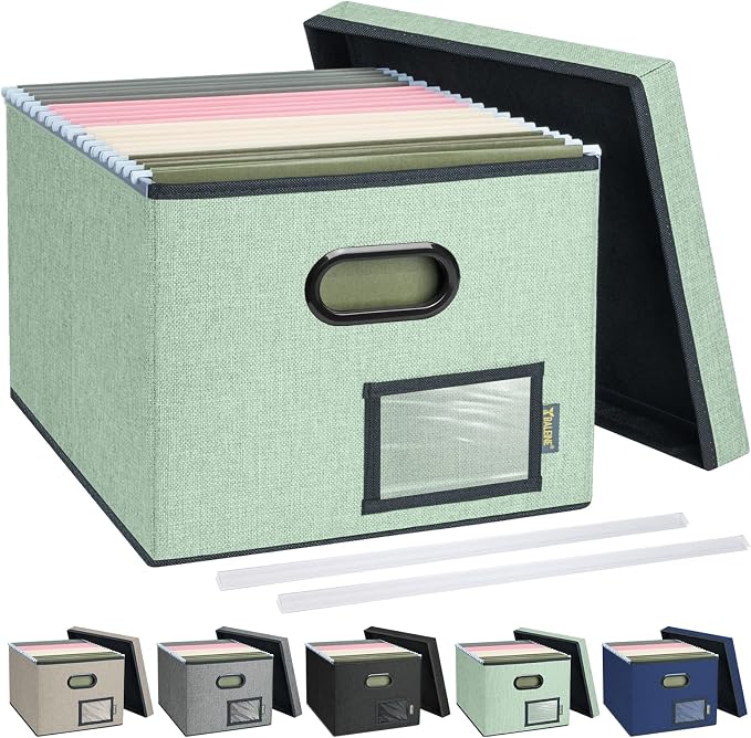 BALEINE File Organizer Box with Lid, Collapsible File Folder Organizer with Plastic Slide, Filing Box for Office Home Document Organizer Storage (Green, 1PK)