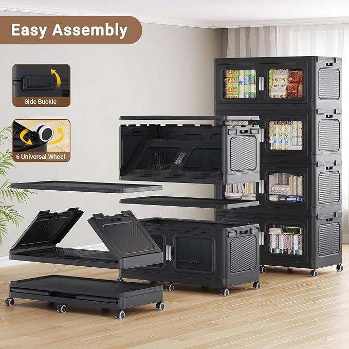 BROVIEW 300 Qt/75 Gal Stackable Storage Bins with Lids, 1 Pack, Black | Large Stackable Storage Boxes w/ 1 Lid Folding Plastic Cart Organizer for Home Kitchen, Open Front Clear Door with Wheels