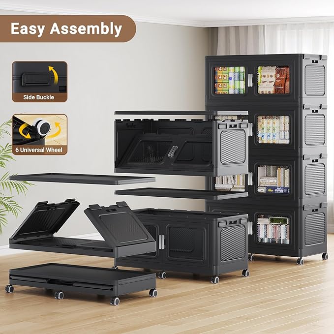 BROVIEW 900 Qt Extra Large Stackable Storage Bin with Lids, 3 Pack Black | 225Gal Extra Large, Collapsible Storage Boxes with 3 Lids, Folding& Rolling Plastic Drawer, Heavy-Duty Cabinet Organization