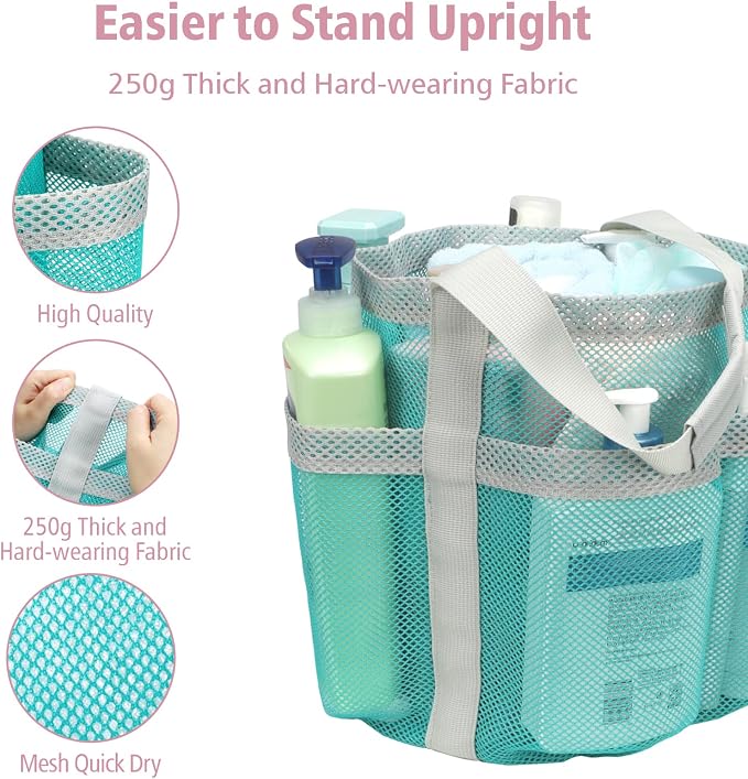 Mesh Shower Caddy Portable - 7 Pockets Large Shower Bag for Dorm, Camping | S-Hook, Quick-Dry, Hanging Toiletry Organizer, College Dorm Room Essentials for Girls, Gym, Travel & Bathroom, Mint Green