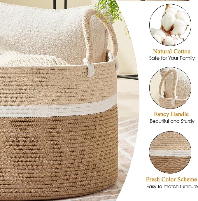 KAKAMAY Large Blanket Basket with Handles, Storage Basket for Living Room | Extra Large Capacity | Natural Cotton Rope | Blanket Storage | Woven Storage Basket | Stuffed Animal Storage | Laundry Basket