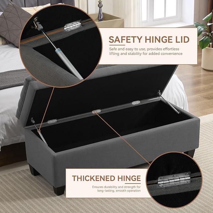 WUTUTUEE 51" Fabric Storage Ottoman Bench, Upholstered Rectangle End of Bed Storage Ottoman Tufted Living Room Bedroom Bench with Safety Hinge, Solid Wood Legs, Loads 500 lb(Dark Grey)