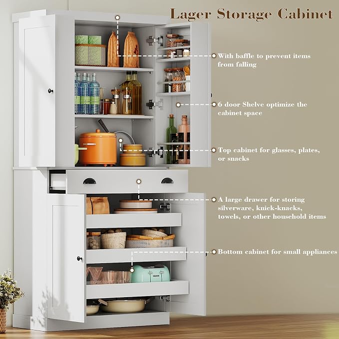 IRONCK 72" Kitchen Pantry Cabinet with Drawer and Sliding Racks, White | White wood pantry cabinet. 6 door shelves. 3 sliding racks. For kitchen, dining room, or hallway.