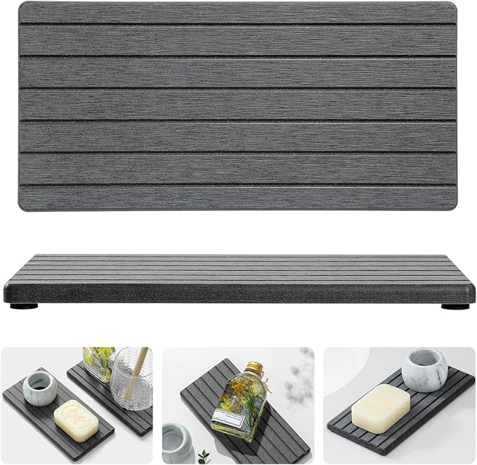 2PCS Diatomite Water Absorbing Stone Drying Tray Mat for Bathroom & Kitchen Counter, Instant Dry Drink Bar Coaster, Vanity Sink Caddy Organizer, Dish Soap Sponge Holder, Dark Gray, 8"x3.8"