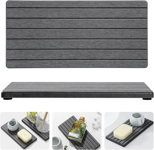 2PCS Diatomite Water Absorbing Stone Drying Tray Mat for Bathroom & Kitchen Counter, Instant Dry Drink Bar Coaster, Vanity Sink Caddy Organizer, Dish Soap Sponge Holder, Dark Gray, 8"x3.8"