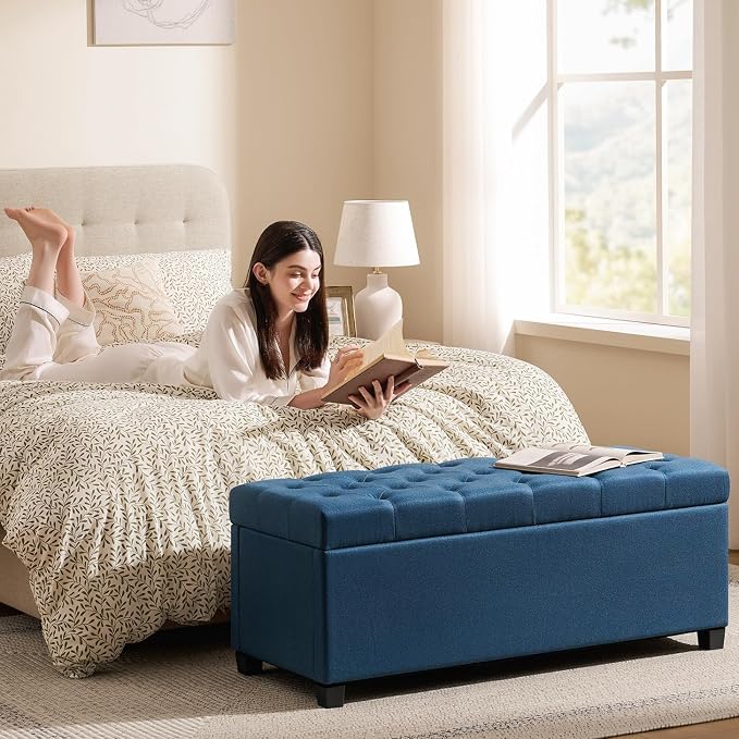 Living&Giving Storage Ottoman Bench for Bedroom, 47.2", Navy Blue | 47.2-inch storage ottoman with safety hinge, tufted upholstered seat and spacious hidden storage for everyday organization.