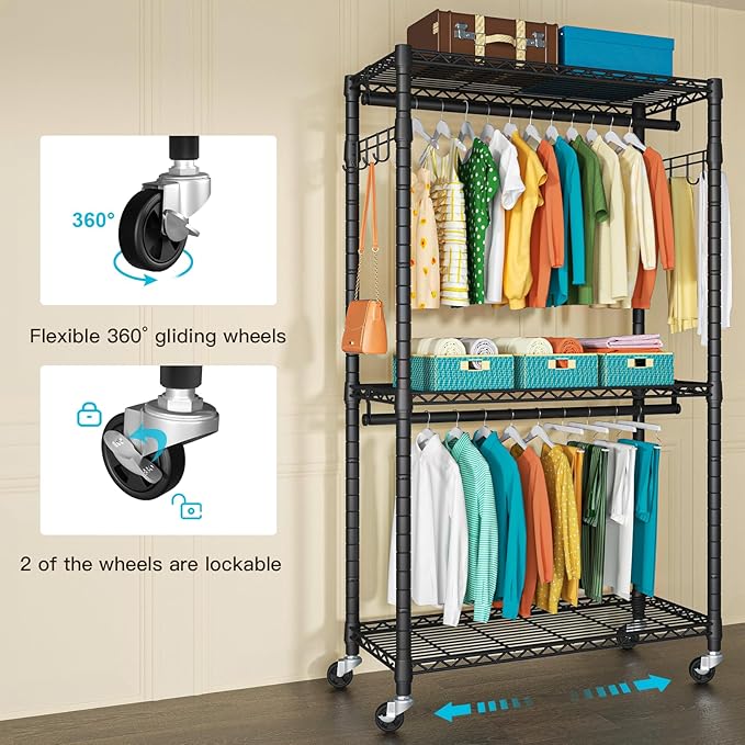 FUTASSI P1 Heavy Duty Garment Rack, Rolling Closet Organizer with Wheels | 3-Tier Freestanding Metal Clothes Clothing Wardrobe System with Double Hanger Rods and Hooks, Max Load 450lbs, Black