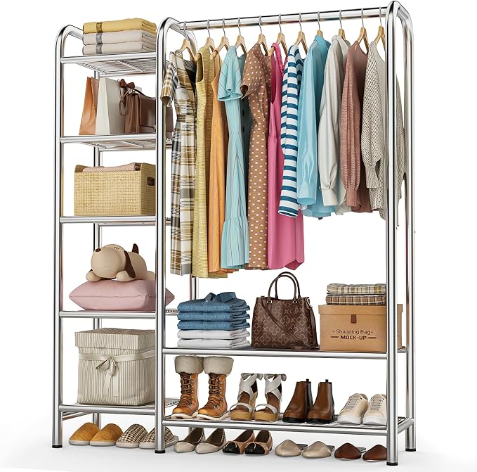 Heavy Duty Clothes Rack with 5 Tiers Shelves, Max Load 670LBS, Portable Freestanding Multi-Functional Metal Clothing Rack with Hanging Rods Organizer System for Bedroom Closet Wardrobe, Chrome