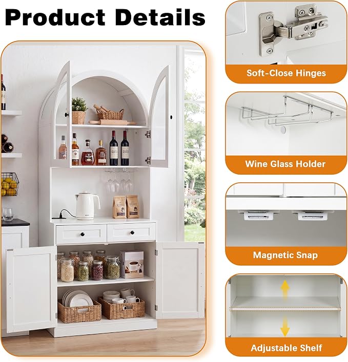 Merax 75" Tall Bookcase,Arched Pantry Cabinet with Adjustable Shelves | Farmhouse Bookshelf Coffee Bar with Charging Station Open Countertop for Office,Kitchen,Dining Room,Living Room,White