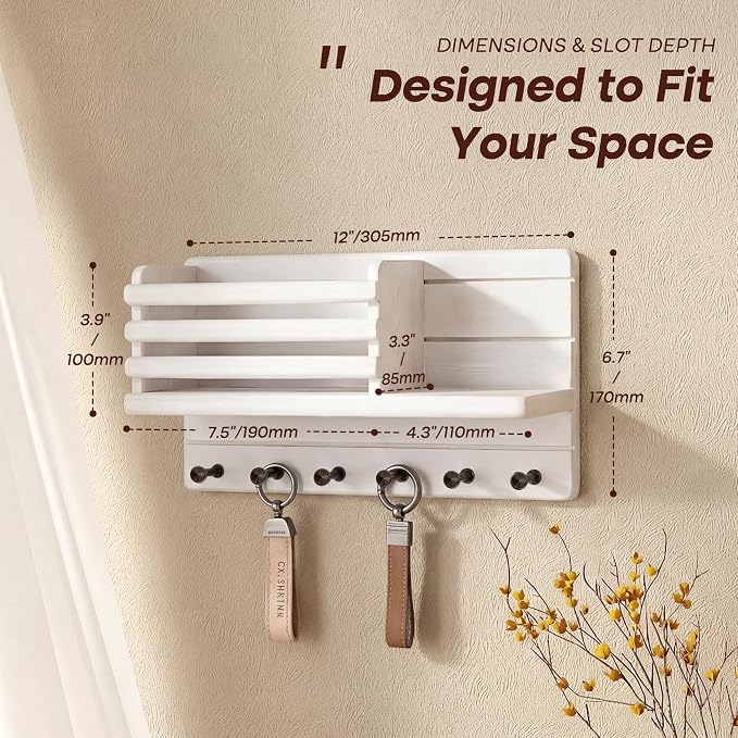 Rebee Vision Key Holder Wall Mount with Mail Slot for Room Decor, White | Pine Wood, Key Holder for Wall, Storage Shelf, 8 Key Hooks, Dog Leash Storage, Mail Organizer, key Hanger Apartment Aesthetic