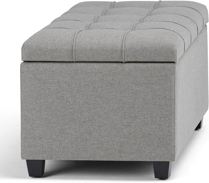 SIMPLIHOME Shiloh 48" Wide Vegan Leather Ottoman in Chestnut Brown | Transitional ottoman with tufting and lift-up lid; rectangle storage bench for living room or entryway.