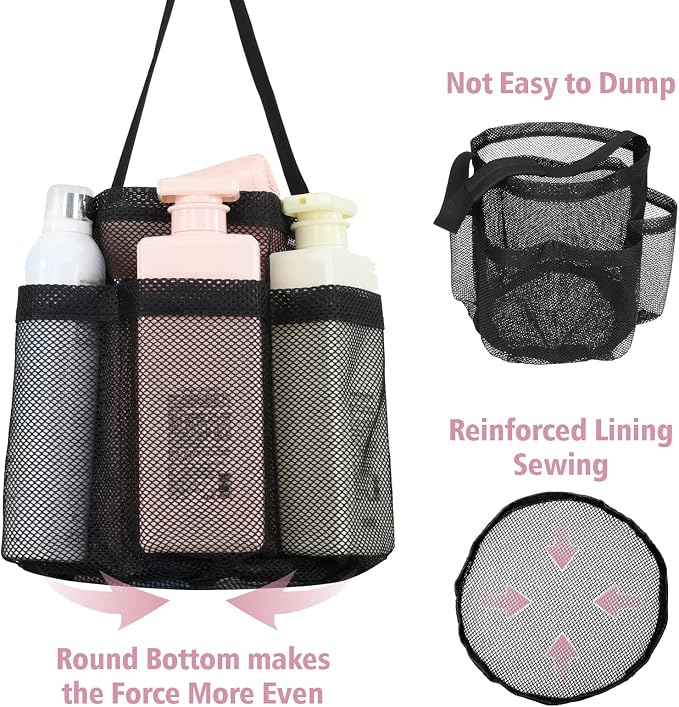 Mesh Shower Caddy Portable - 7 Pockets Large Shower Bag for Dorm, Camping | S-Hook, Quick-Dry, Hanging Toiletry Organizer, College Dorm Room Essentials for Girls, Gym, Travel & Bathroom, Black