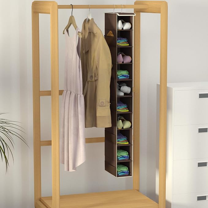 Libeder 10-Shelf Hanging Closet Shoe Organizers with Side Pockets, Coffee | Hanging Closet Organizer with Side Pockets for Wardrode,Dorm, Folding Shoe Racks, Space Saving Hanging Shelves with Hooks