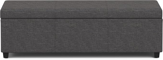 SIMPLIHOME Avalon 54" Wide Vegan Leather Storage Ottoman in Brown | Contemporary lift-top ottoman with high-density foam; rectangle storage bench or coffee table for living room or entryway.