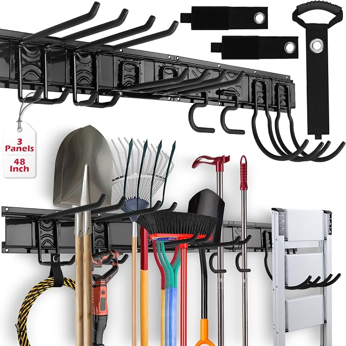 SEDY 48" Heavy Duty Garage Wall Organizer, Wall Mount Tool Storage Rack with Adjustable Hooks, Garden Tool Organizer Hold Up to 300lbs, Easy Installation (3 Panels, 8 Hooks, 3 Straps)