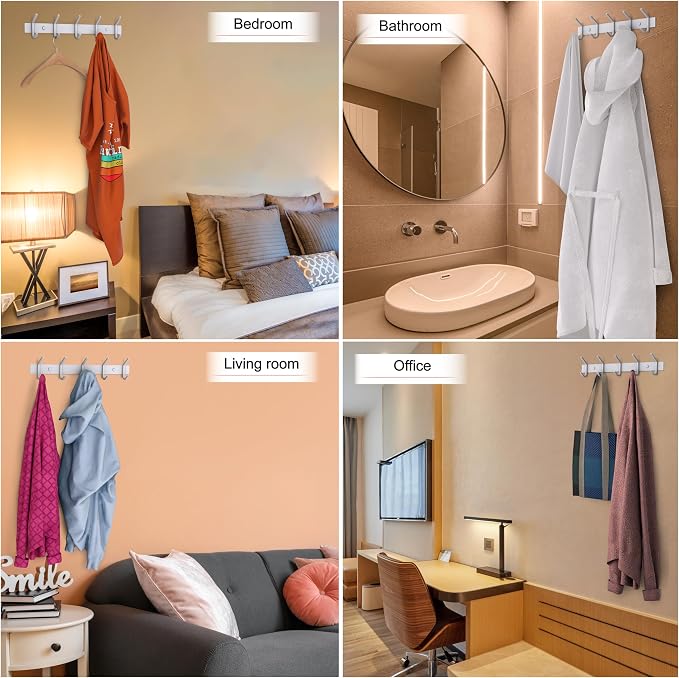 White Coat Rack Wall Mount – 15 Inch Stainless Steel Hook Rail with 5 Heavy Duty Double Coat Hooks – Wall Mounted Coat Hanger for Entryway, Bathroom, Bedroom, Towel, Hat Organizer