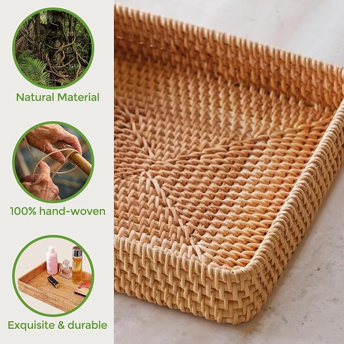 Rattan Serving Tray, Rectangle Wicker Storage Basket for Organizing | M(14.6" × 9.1"), Natural Rattan, Decorative Woven Trays Wicker Baskets for Storage, Home Decor, Bathroom, Kitchen Counter