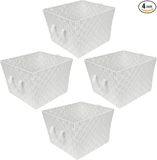 Simplify Large Woven Strap Tote | Decorative Storage Basket | 2 Handles | Organization | Closet | Bedroom | Bathroom | Nursery | Accessories | Toys | Gifts | 4 Pack | White